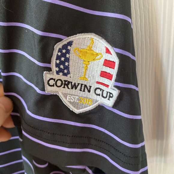 Peter Millar Polo Shirt Mens Large Summer Comfort Corwin Cup Patch Purple Stripe - Picture 7 of 12